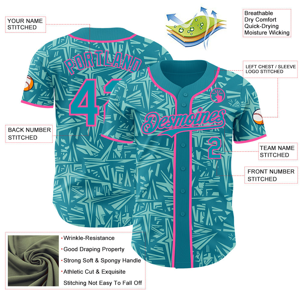 Custom Teal Ice Blue-Pink Geometric Cyber Starburst Authentic Baseball Jersey