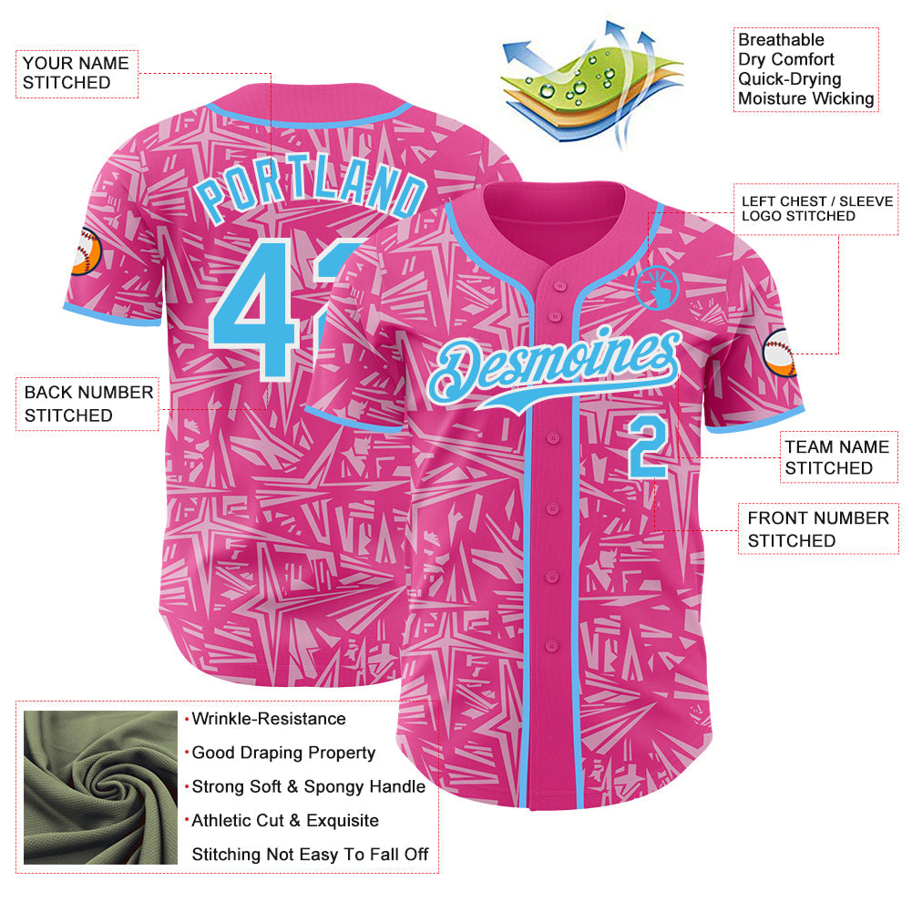 Custom Pink Sky Blue Light Pink-White Geometric Cyber Starburst Authentic Baseball Jersey