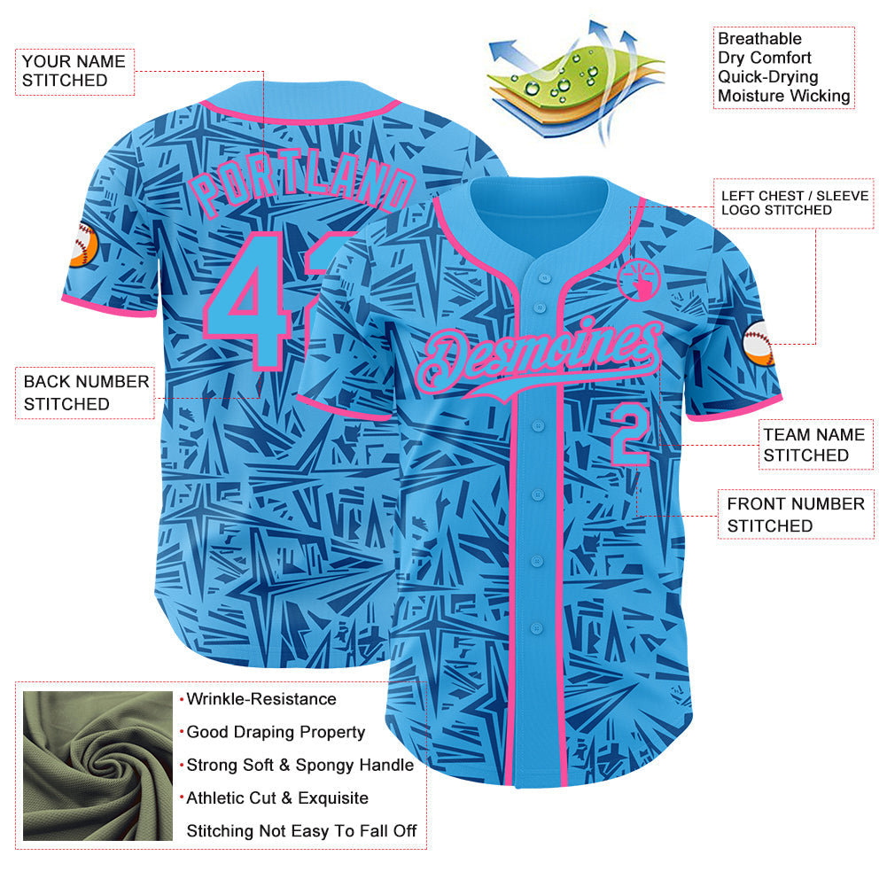 Custom Sky Blue Blue-Pink Geometric Cyber Starburst Authentic Baseball Jersey