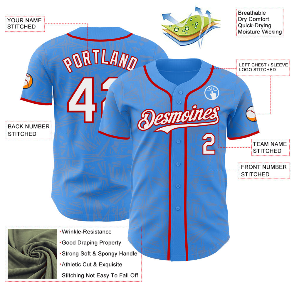 Custom Electric Blue White Gray-Red Geometric Cyber Starburst Authentic Baseball Jersey