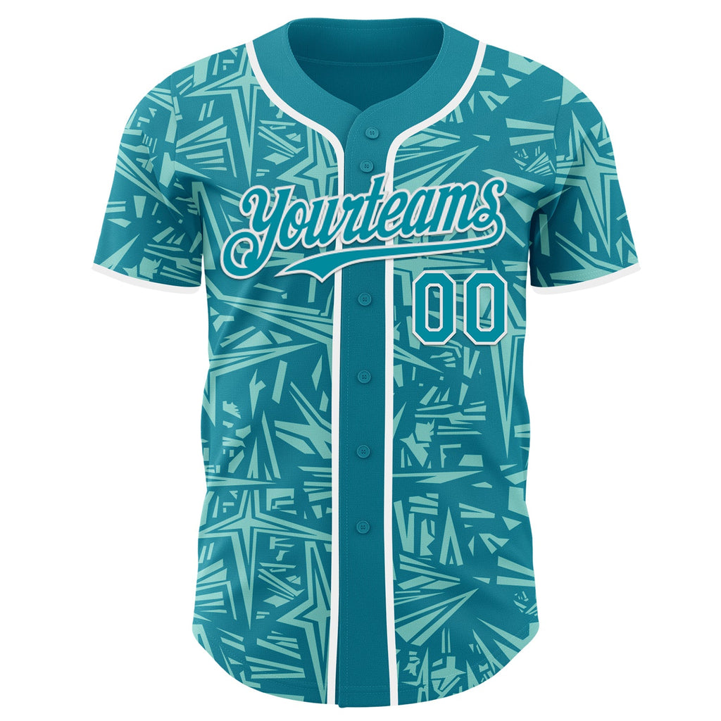 Custom Teal Ice Blue-White Geometric Cyber Starburst Authentic Baseball Jersey