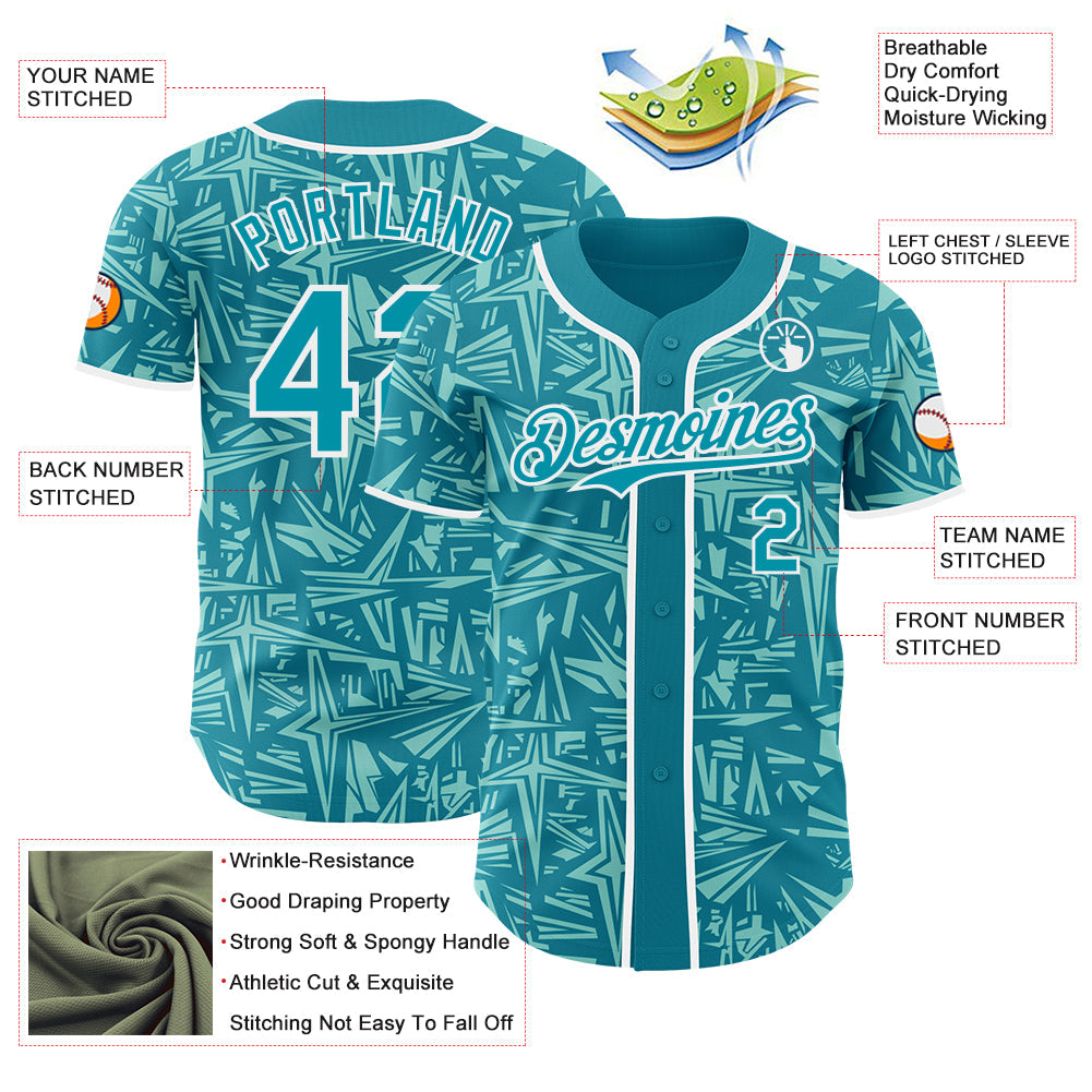 Custom Teal Ice Blue-White Geometric Cyber Starburst Authentic Baseball Jersey