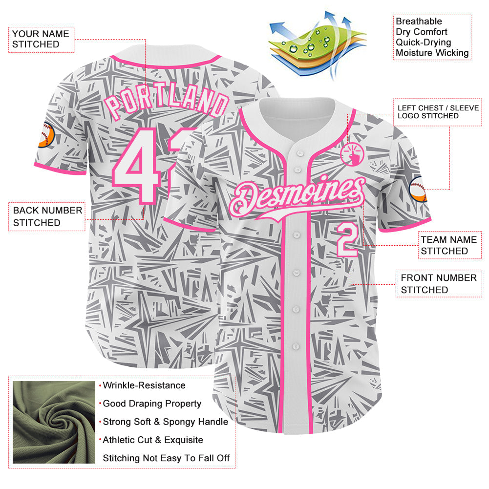 Custom White Gray-Pink Geometric Cyber Starburst Authentic Baseball Jersey