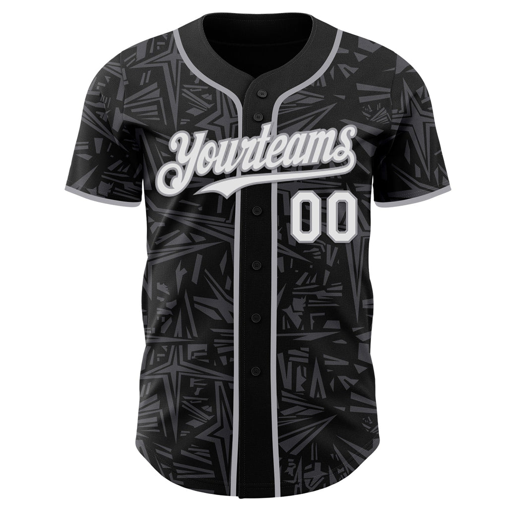 Custom Black White Steel Gray-Gray Geometric Cyber Starburst Authentic Baseball Jersey