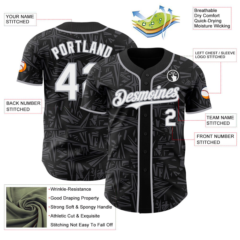 Custom Black White Steel Gray-Gray Geometric Cyber Starburst Authentic Baseball Jersey