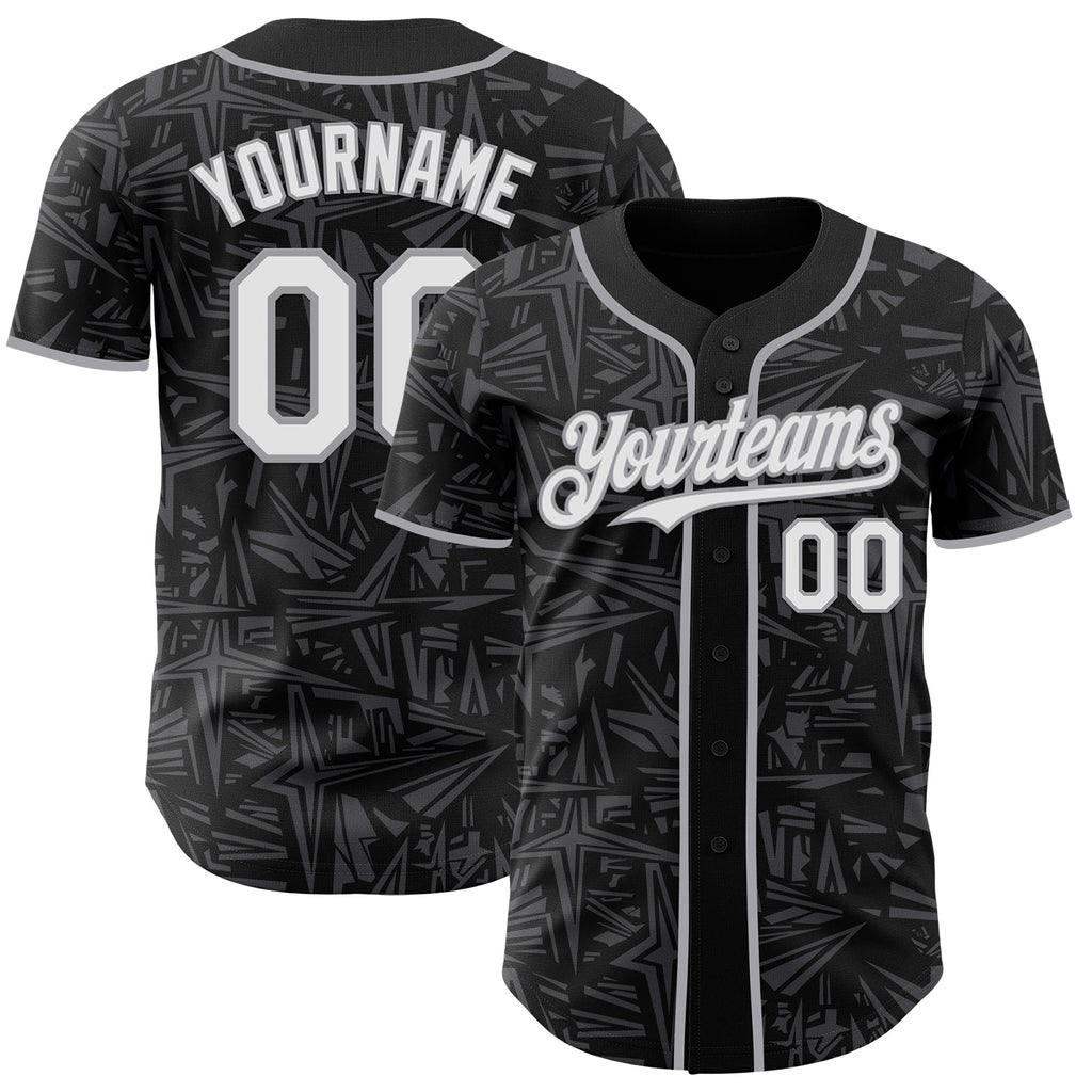 Custom Black White Steel Gray-Gray Geometric Cyber Starburst Authentic Baseball Jersey