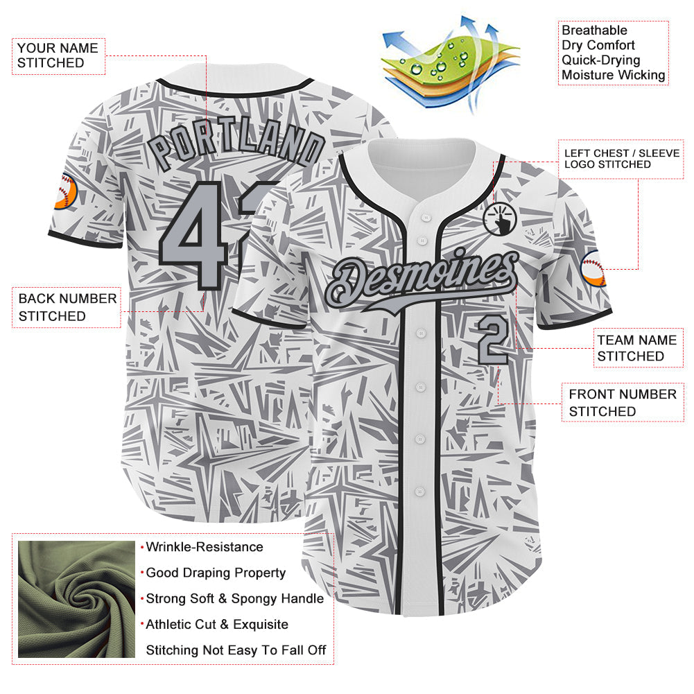 Custom White Gray-Black Geometric Cyber Starburst Authentic Baseball Jersey