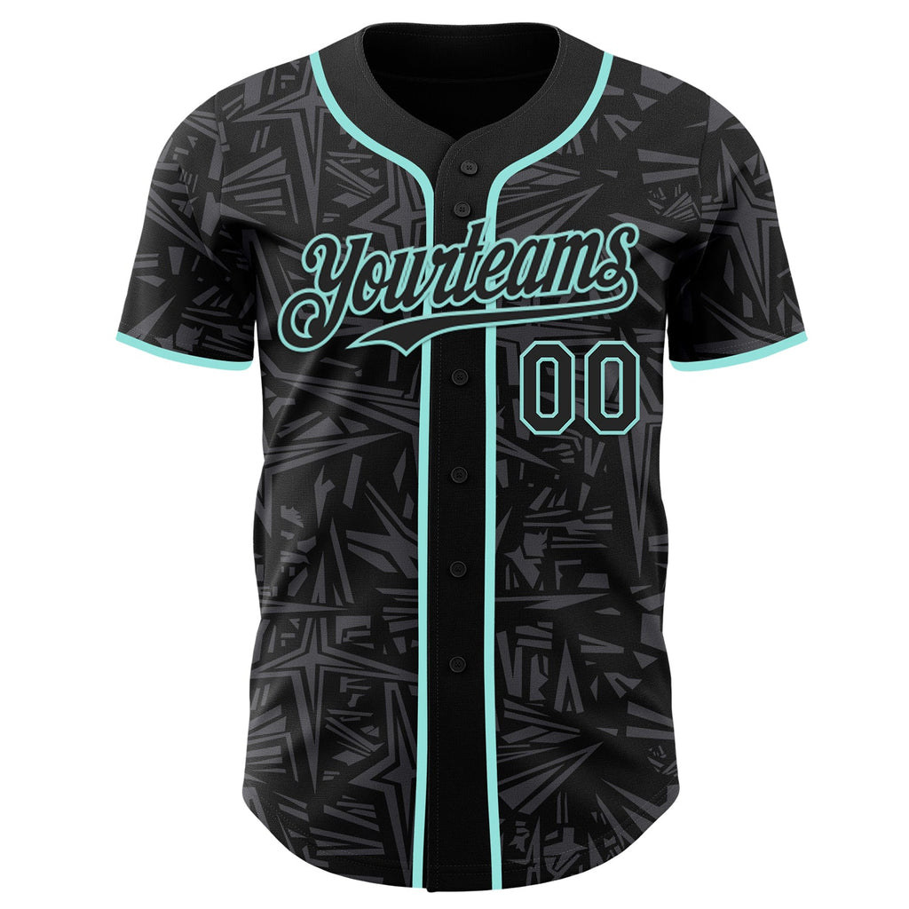 Custom Black Steel Gray-Ice Blue Geometric Cyber Starburst Authentic Baseball Jersey