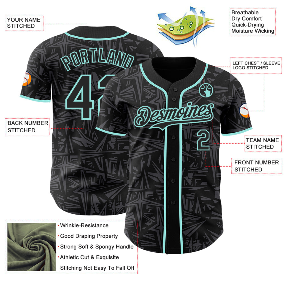 Custom Black Steel Gray-Ice Blue Geometric Cyber Starburst Authentic Baseball Jersey