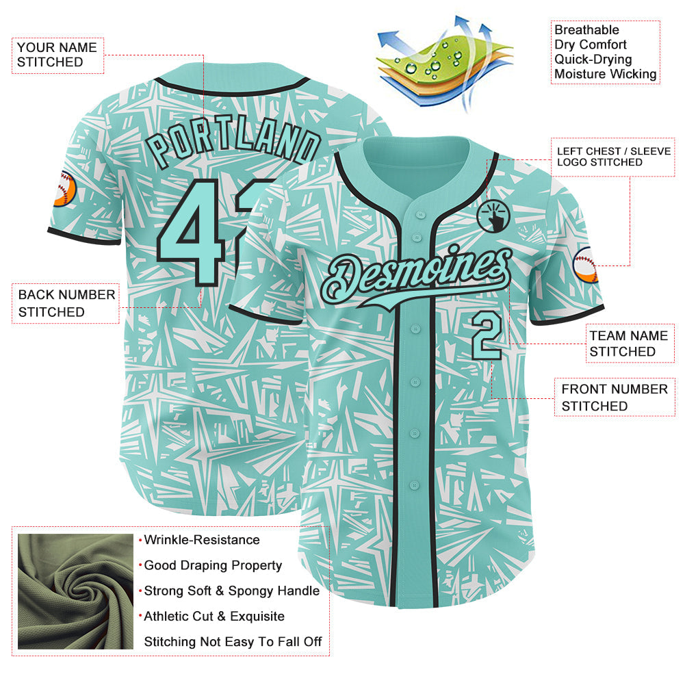 Custom Ice Blue White-Black Geometric Cyber Starburst Authentic Baseball Jersey