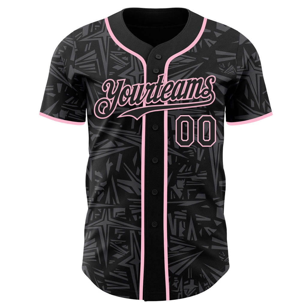 Custom Black Steel Gray-Light Pink Geometric Cyber Starburst Authentic Baseball Jersey