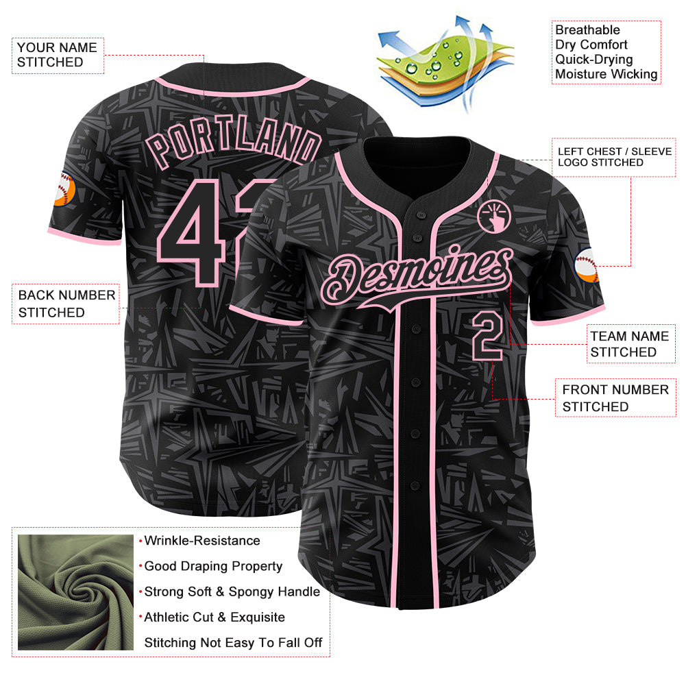 Custom Black Steel Gray-Light Pink Geometric Cyber Starburst Authentic Baseball Jersey