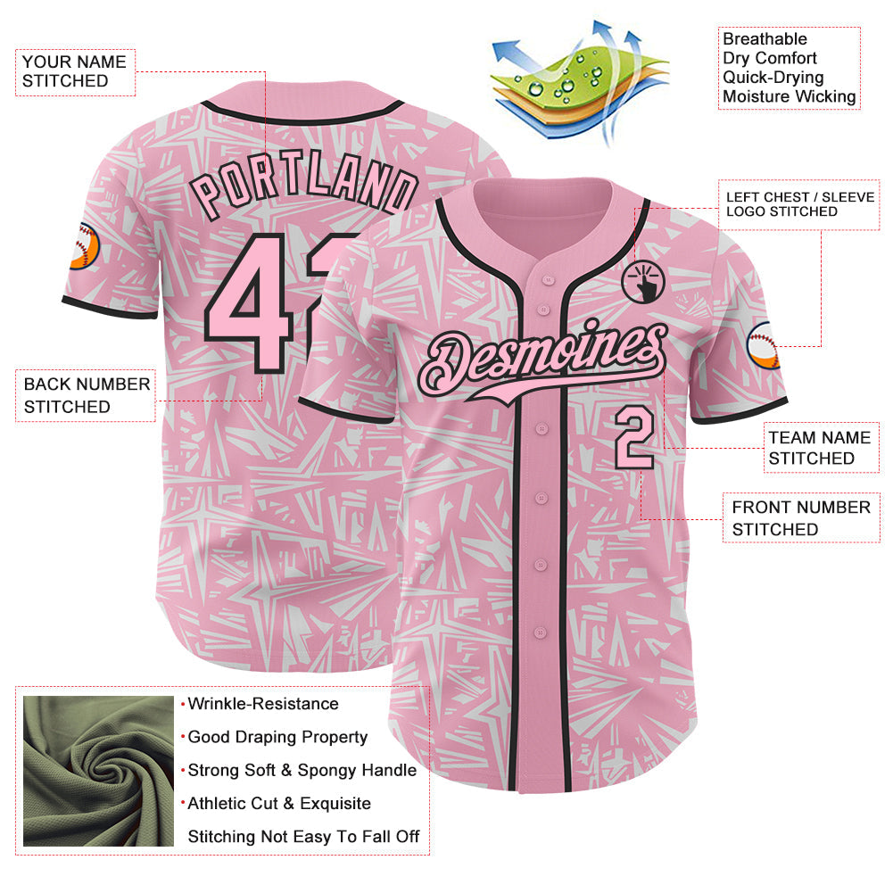 Custom Light Pink White-Black Geometric Cyber Starburst Authentic Baseball Jersey