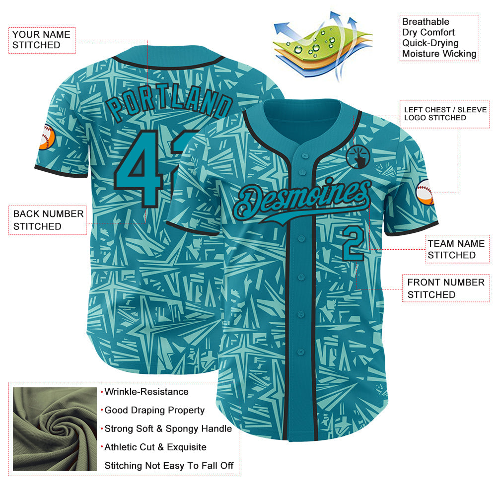Custom Teal Ice Blue-Black Geometric Cyber Starburst Authentic Baseball Jersey