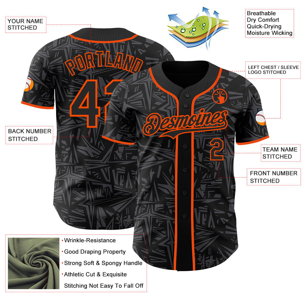 Custom Black Steel Gray-Orange Geometric Cyber Starburst Authentic Baseball Jersey