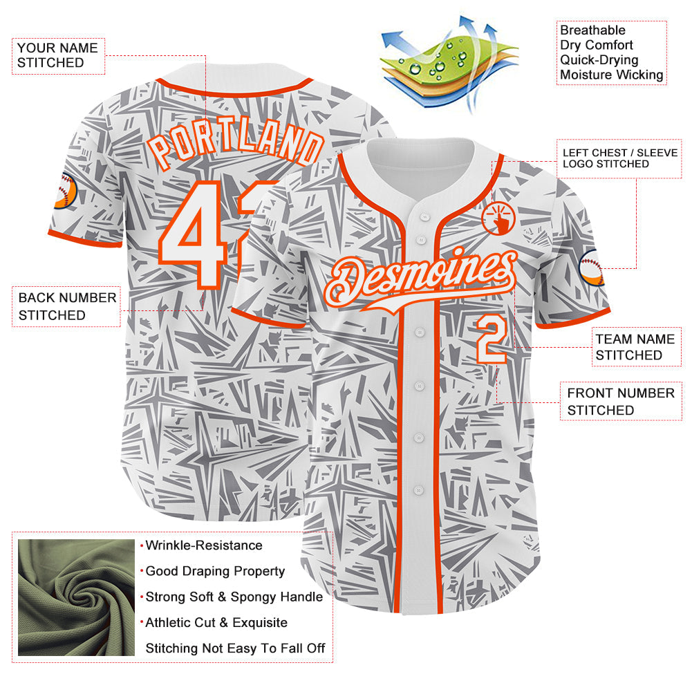 Custom White Gray-Orange Geometric Cyber Starburst Authentic Baseball Jersey