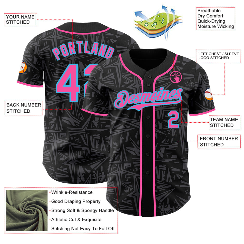 Custom Black Pink Steel Gray-Sky Blue Geometric Cyber Starburst Authentic Baseball Jersey