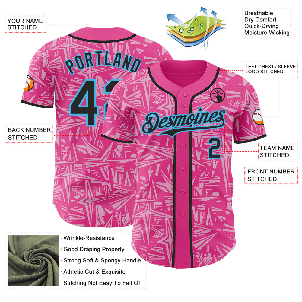 Custom Pink Black Light Pink-Sky Blue Geometric Cyber Starburst Authentic Baseball Jersey