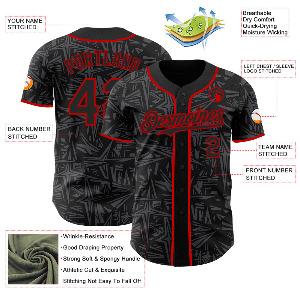 Custom Black Steel Gray-Red Geometric Cyber Starburst Authentic Baseball Jersey