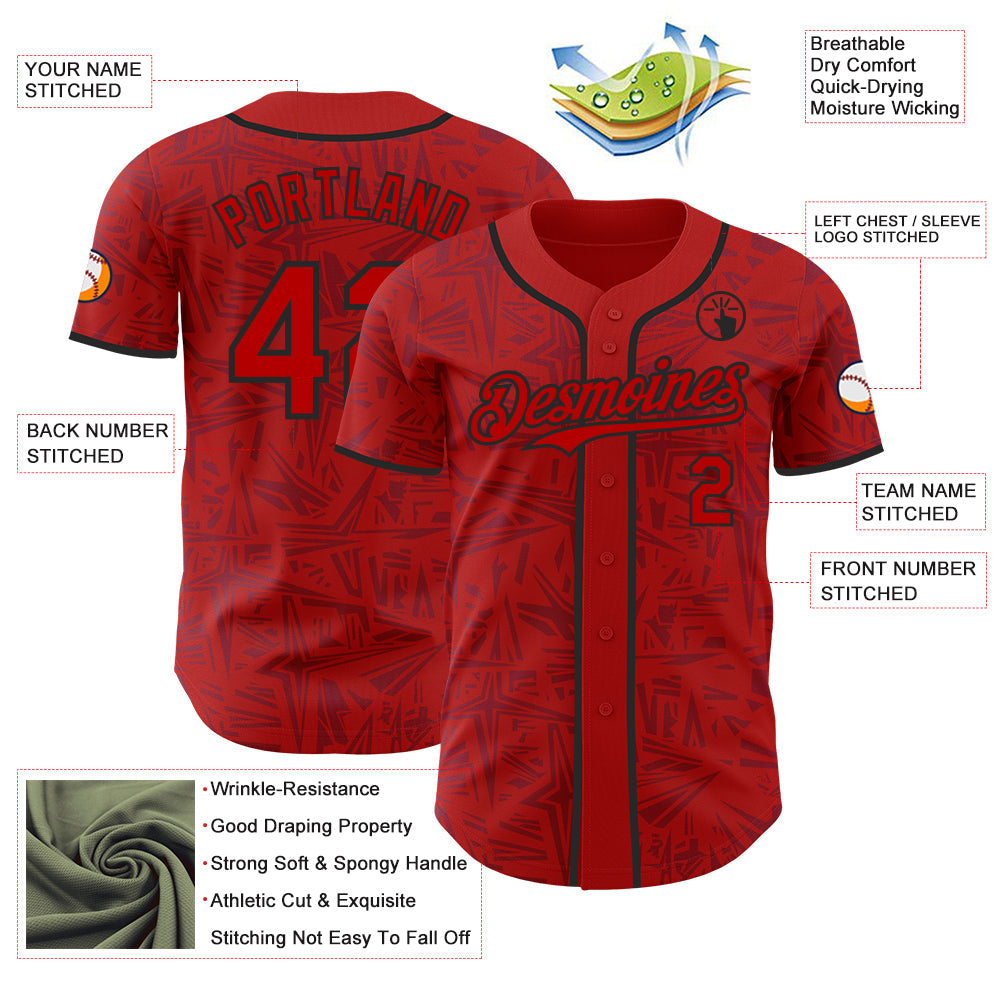 Custom Red-Black Geometric Cyber Starburst Authentic Baseball Jersey