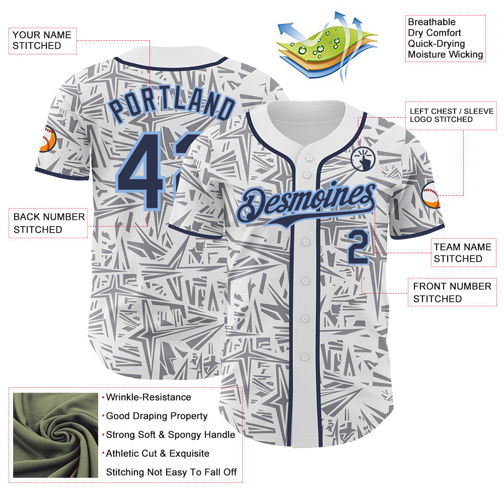 Custom White Navy Gray-Light Blue Geometric Cyber Starburst Authentic Baseball Jersey