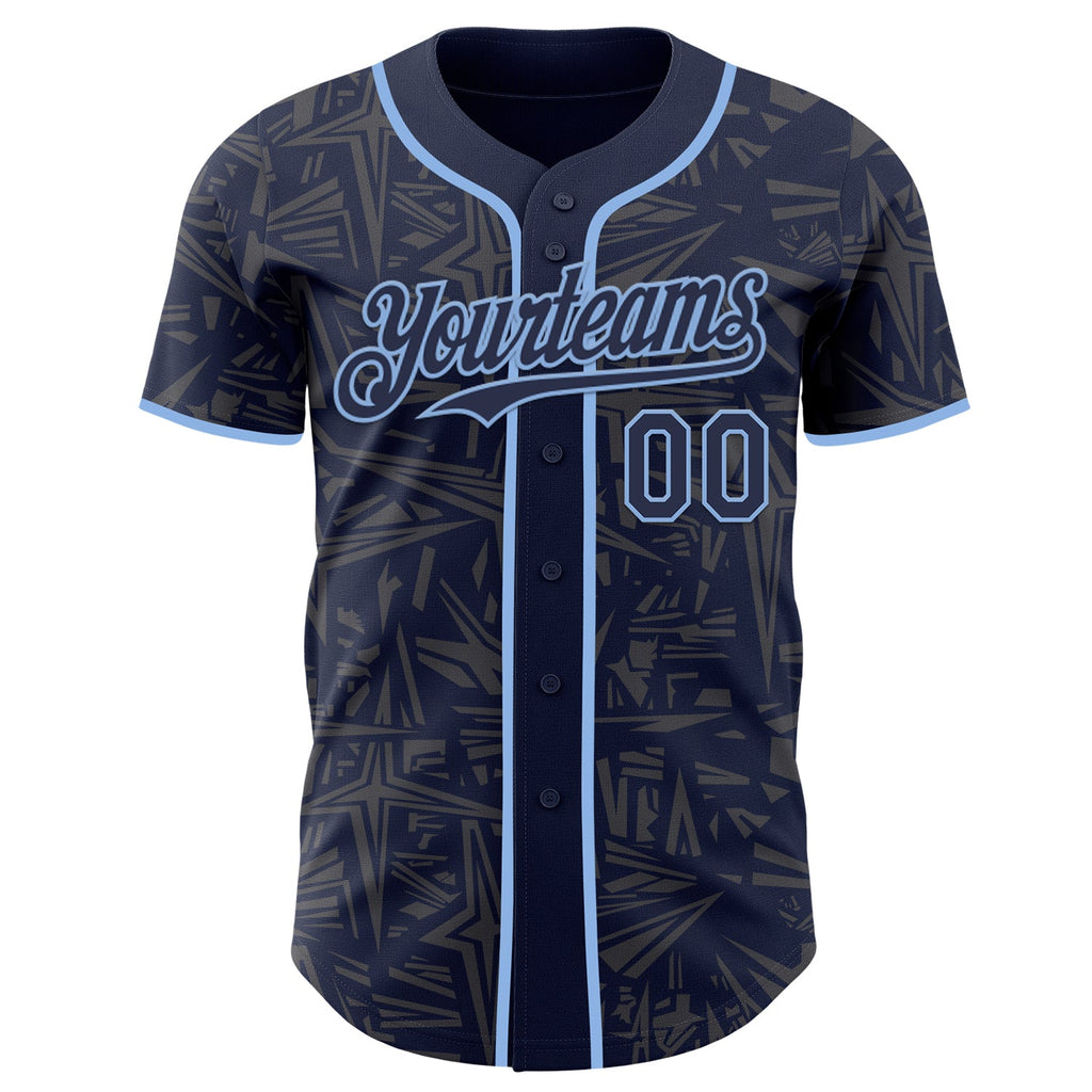 Custom Navy Steel Gray-Light Blue Geometric Cyber Starburst Authentic Baseball Jersey