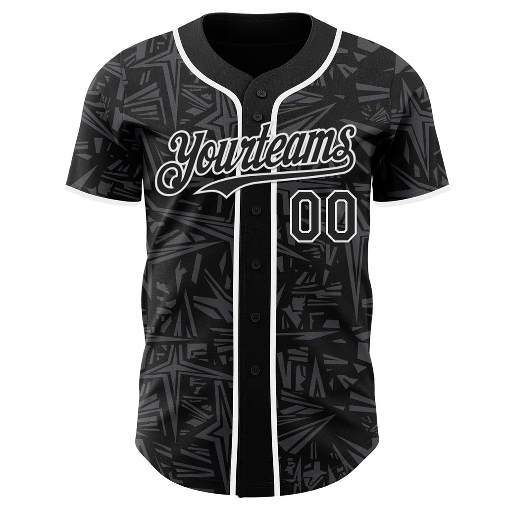 Custom Black Steel Gray-White Geometric Cyber Starburst Authentic Baseball Jersey