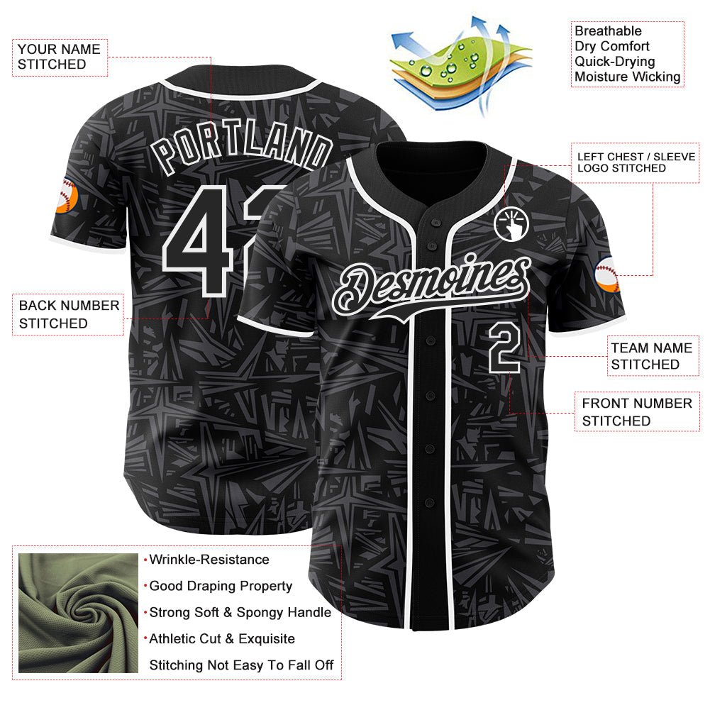 Custom Black Steel Gray-White Geometric Cyber Starburst Authentic Baseball Jersey