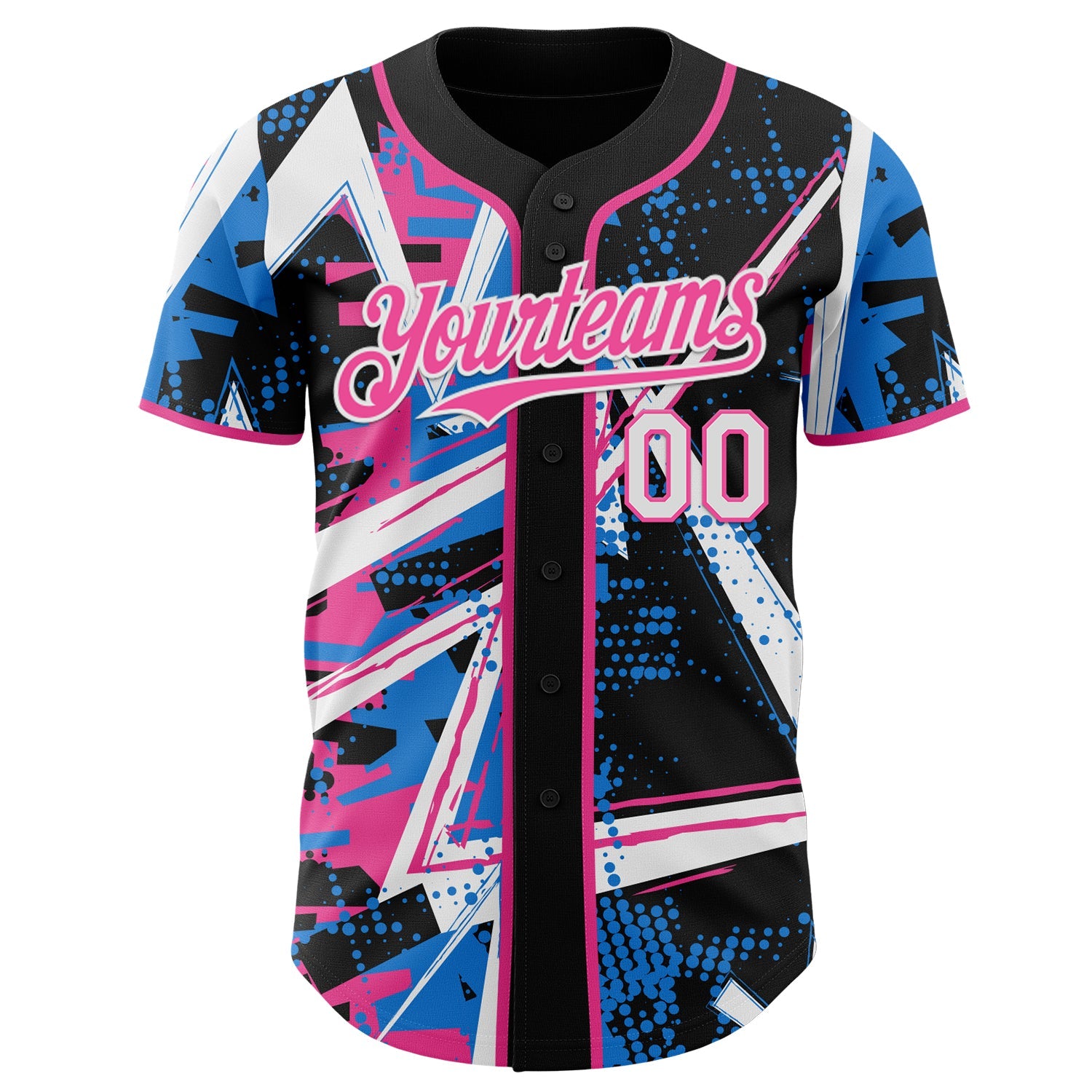 Custom Black White Electric Blue-Pink Geometric Shards Dot Grid Authentic Baseball Jersey