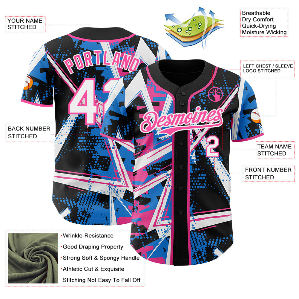 Custom Black White Electric Blue-Pink Geometric Shards Dot Grid Authentic Baseball Jersey