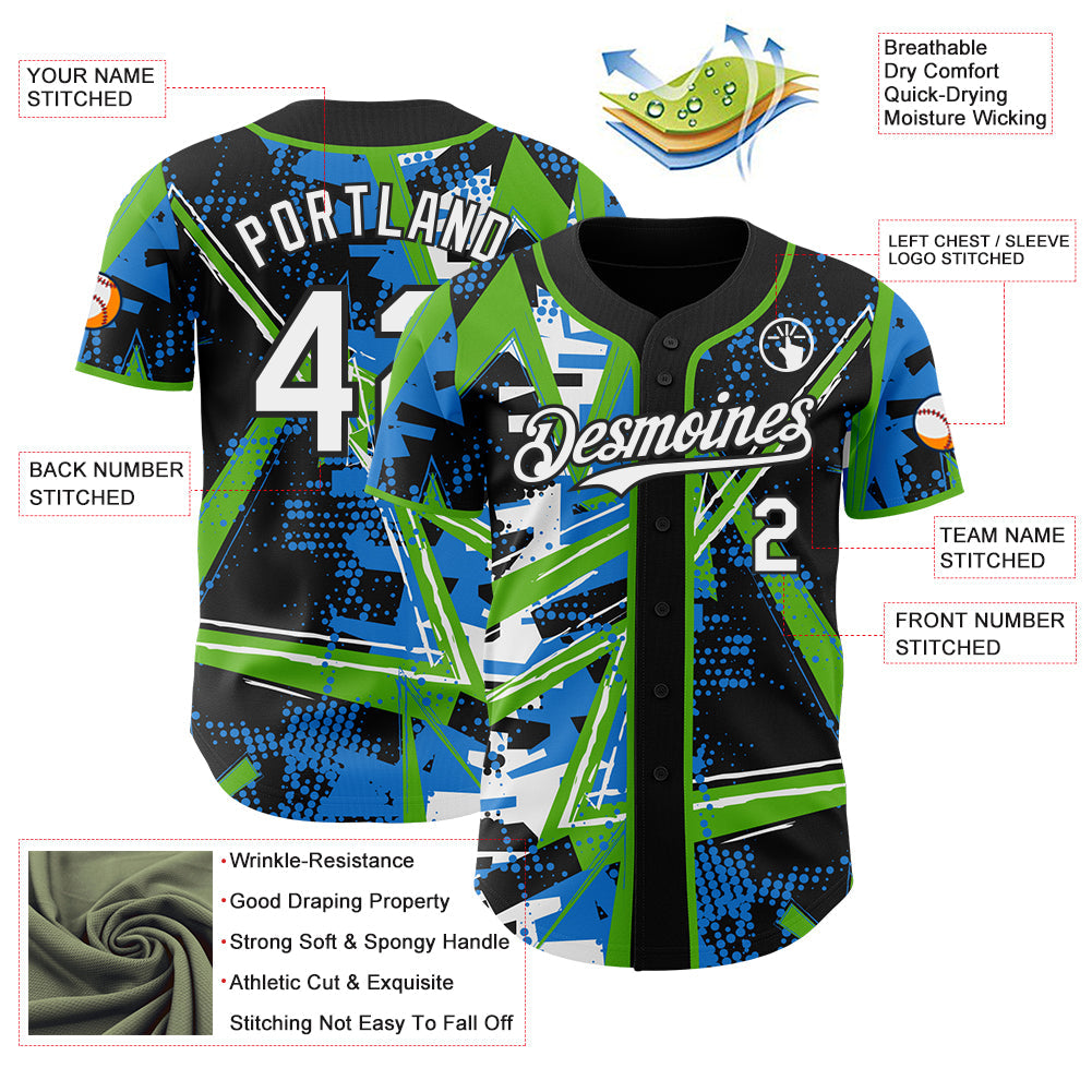 Custom Black White-Aurora Green Geometric Shards Dot Grid Authentic Baseball Jersey