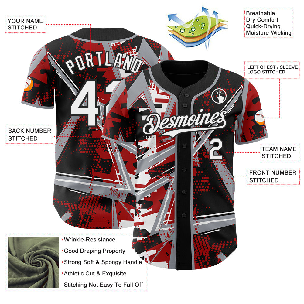 Custom Black White Red-Gray Geometric Shards Dot Grid Authentic Baseball Jersey