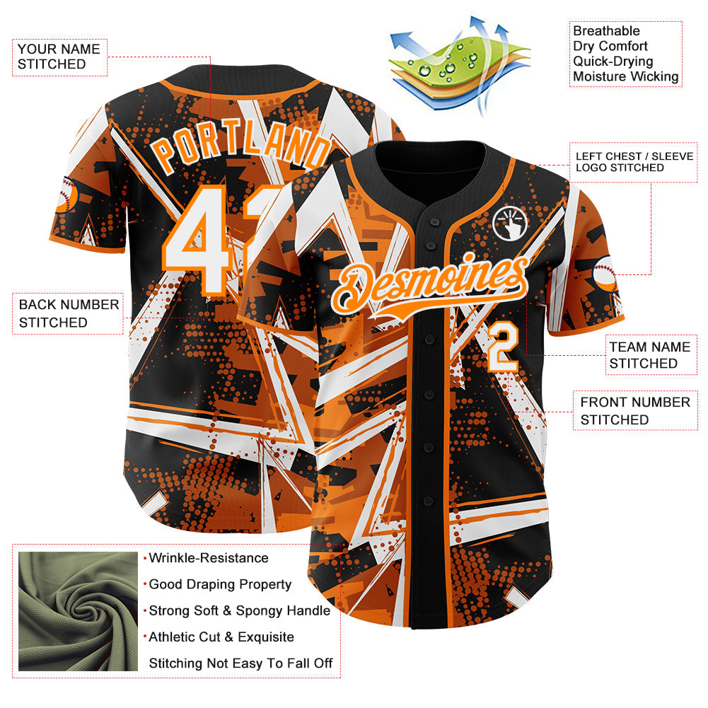 Custom Black White-Bay Orange Geometric Shards Dot Grid Authentic Baseball Jersey