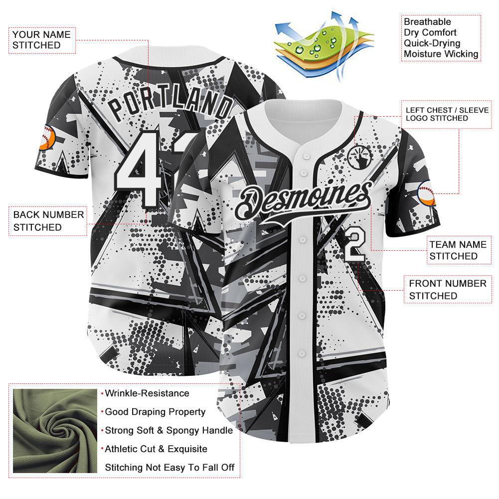 Custom White Gray-Black Geometric Shards Dot Grid Authentic Baseball Jersey