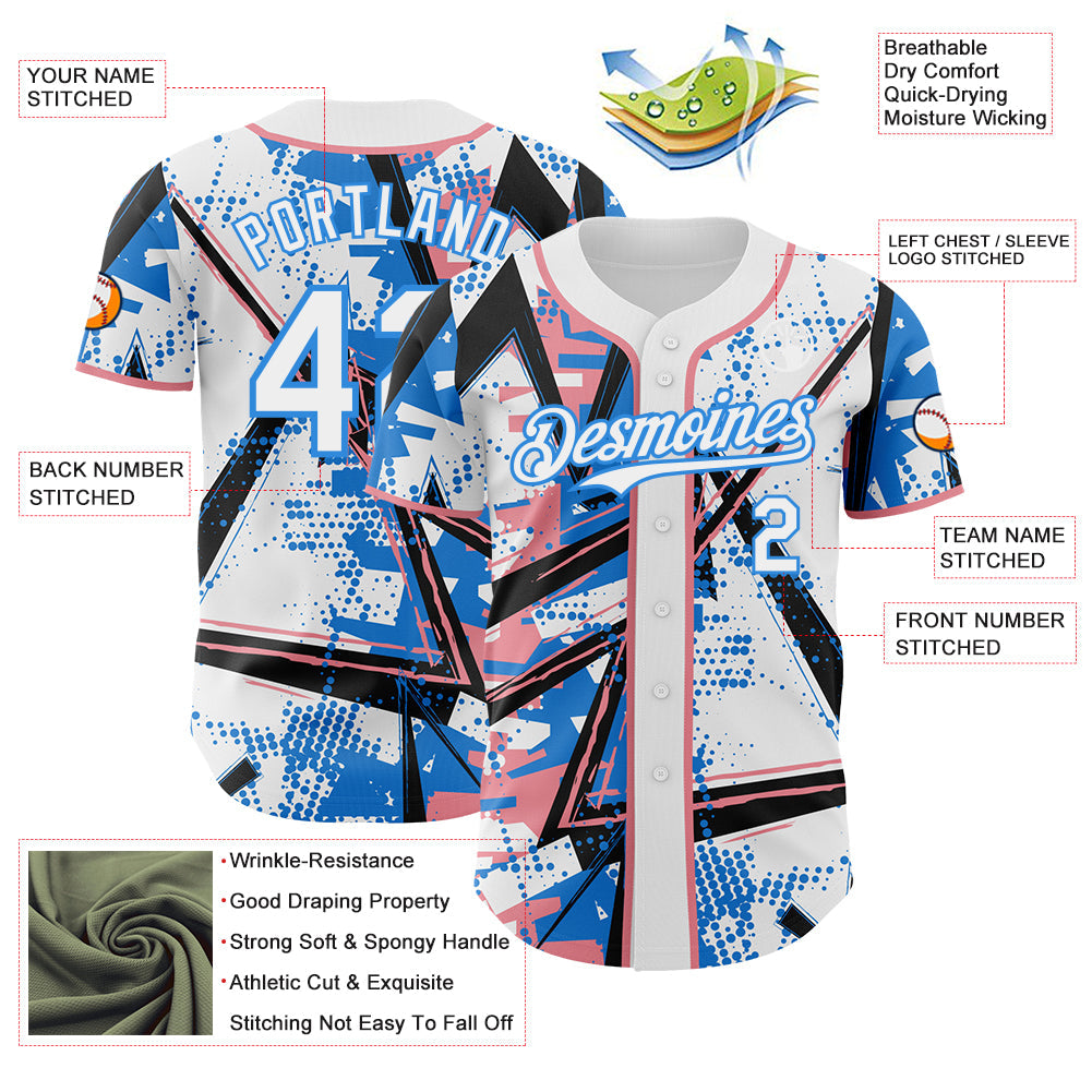Custom White Medium Pink-Electric Blue Geometric Shards Dot Grid Authentic Baseball Jersey