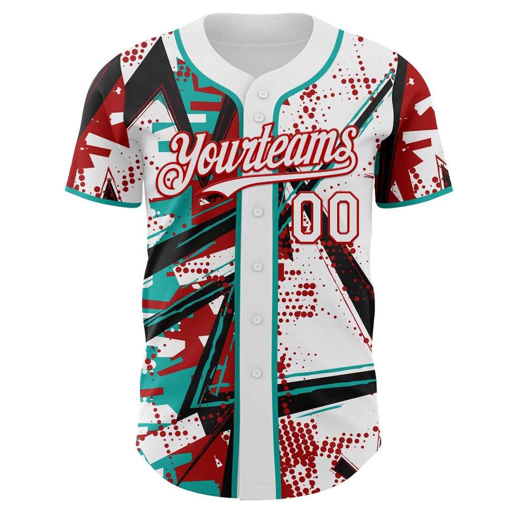 Custom White Black Red-Aqua Geometric Shards Dot Grid Authentic Baseball Jersey
