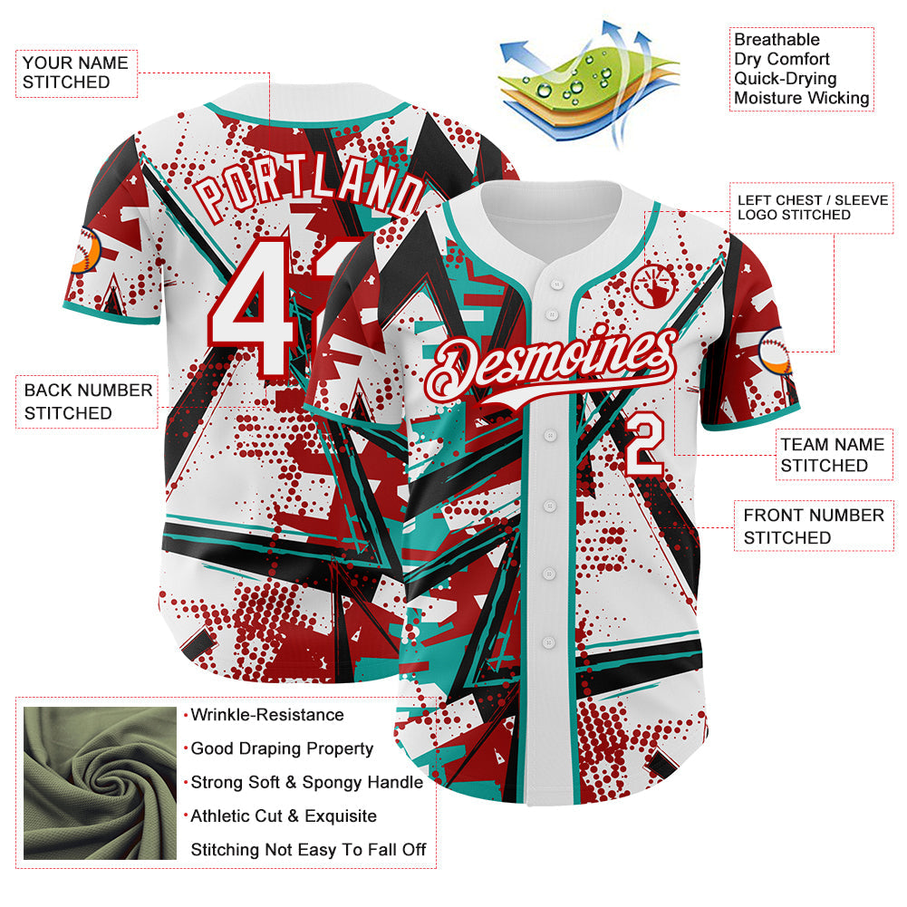 Custom White Black Red-Aqua Geometric Shards Dot Grid Authentic Baseball Jersey