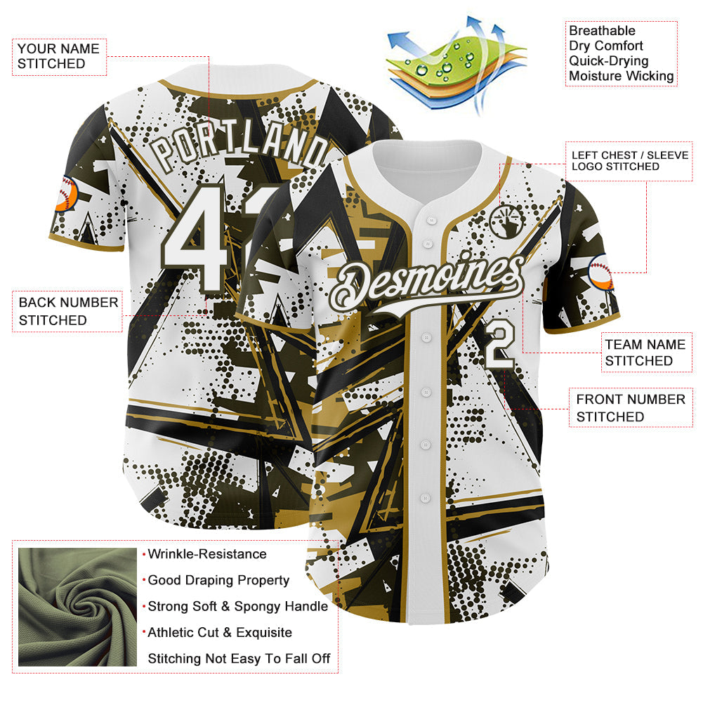 Custom White Black Olive-Old Gold Geometric Shards Dot Grid Authentic Baseball Jersey