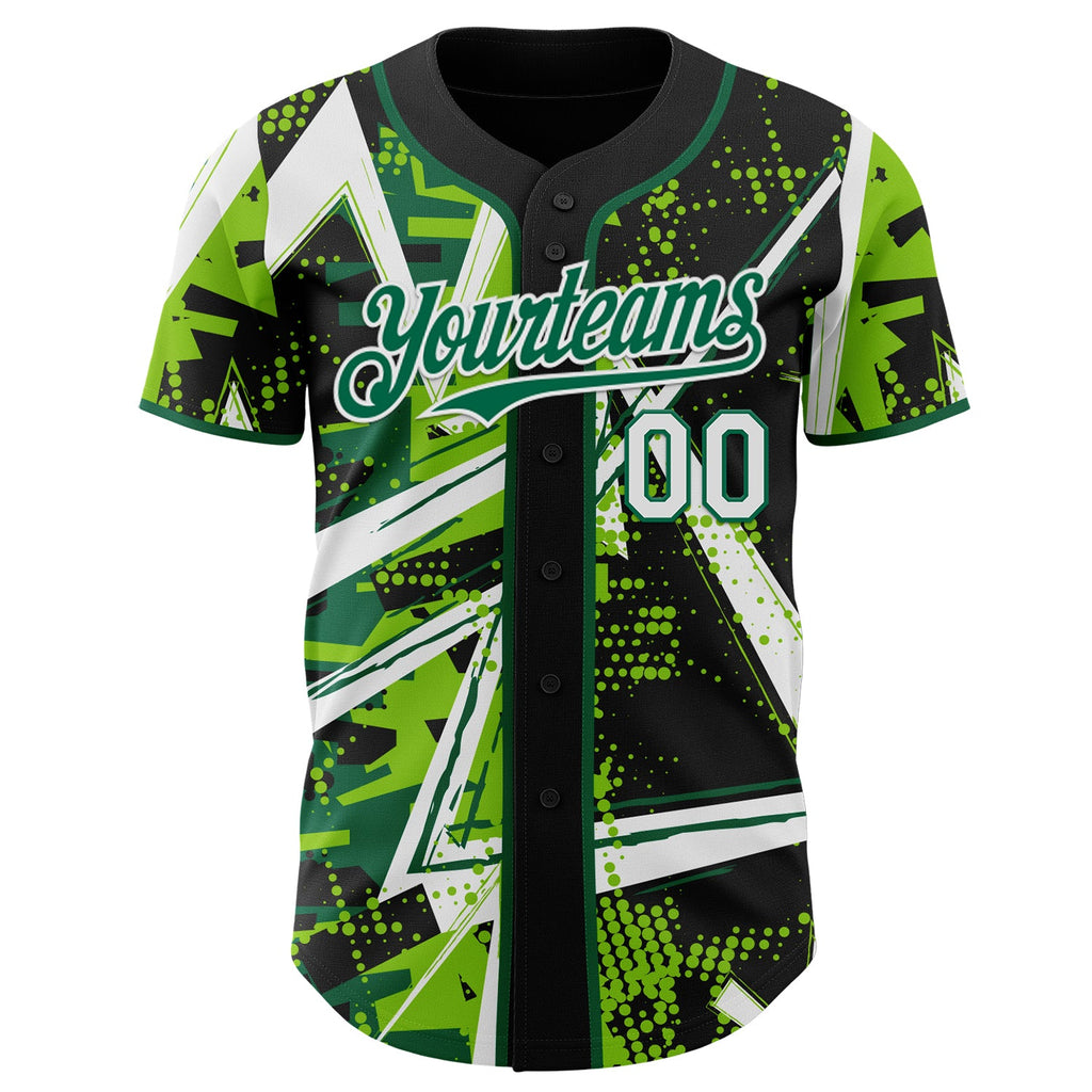 Custom Black White Neon Green-Kelly Green Geometric Shards Dot Grid Authentic Baseball Jersey