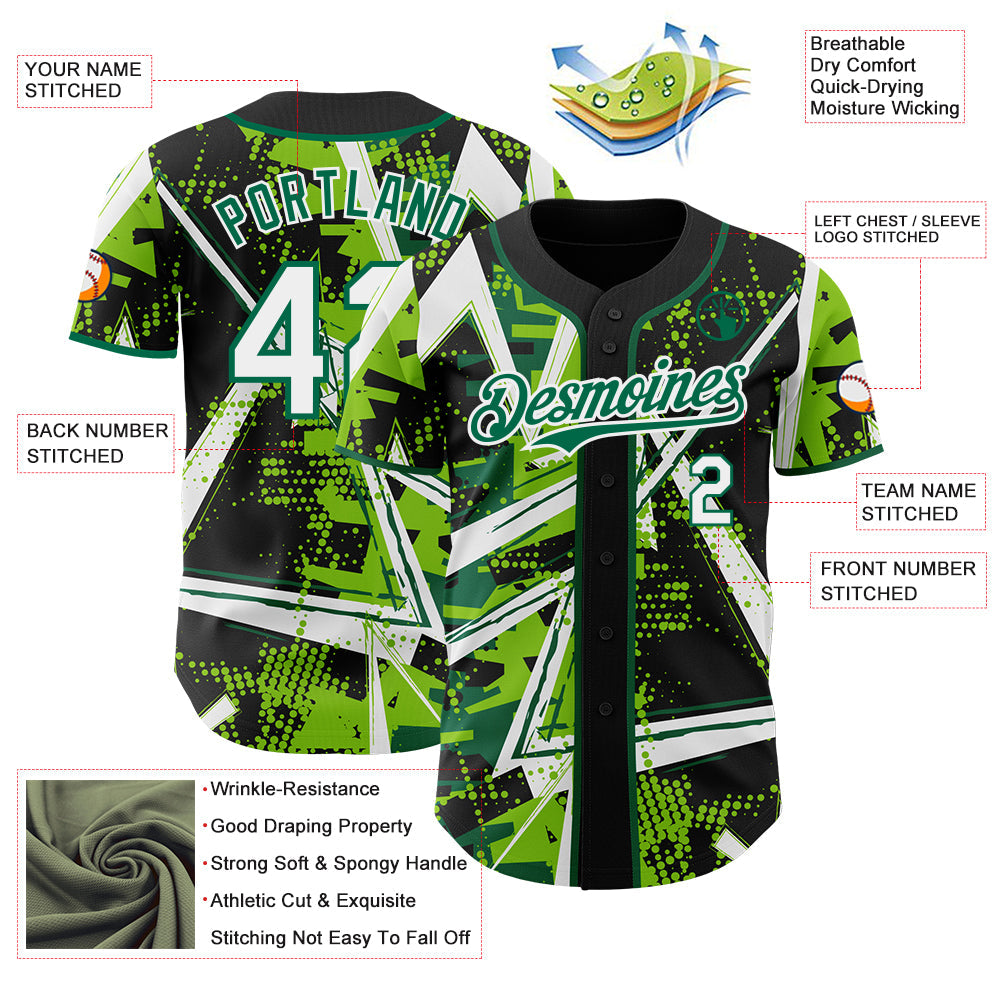 Custom Black White Neon Green-Kelly Green Geometric Shards Dot Grid Authentic Baseball Jersey
