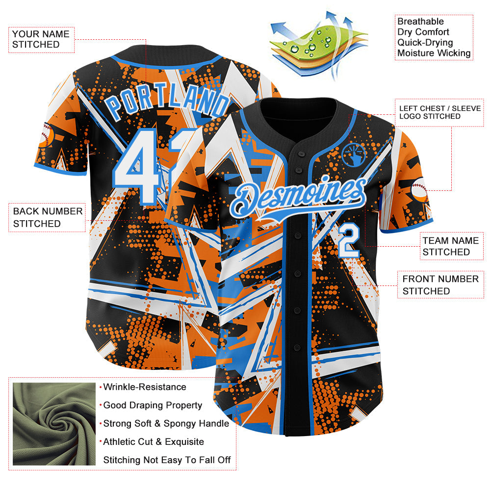 Custom Black White Bay Orange-Electric Blue Geometric Shards Dot Grid Authentic Baseball Jersey