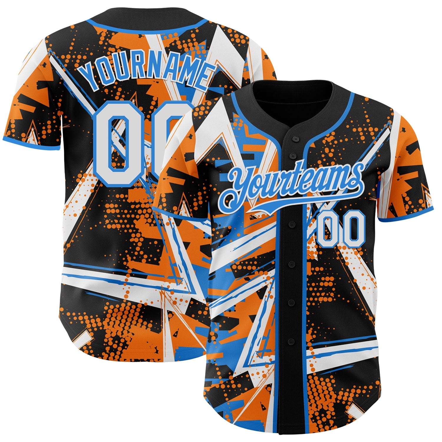 Custom Black White Bay Orange-Electric Blue Geometric Shards Dot Grid Authentic Baseball Jersey