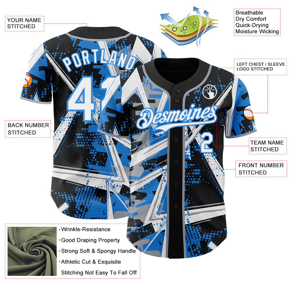 Custom Black White Gray-Electric Blue Geometric Shards Dot Grid Authentic Baseball Jersey