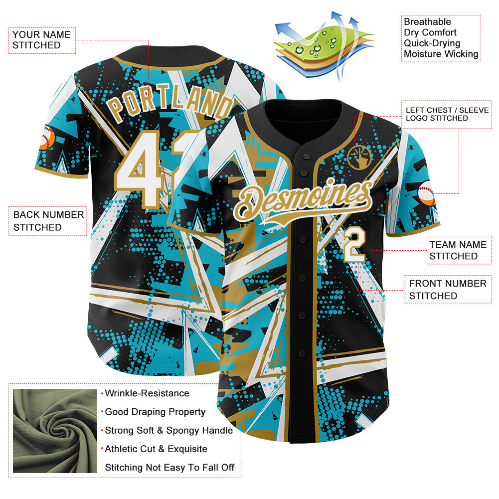 Custom Black White Lakes Blue-Old Gold Geometric Shards Dot Grid Authentic Baseball Jersey