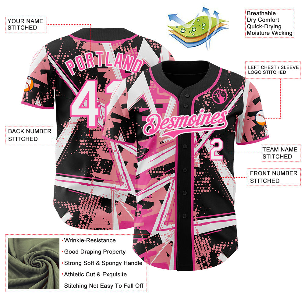 Custom Black White Medium Pink-Pink Geometric Shards Dot Grid Authentic Baseball Jersey