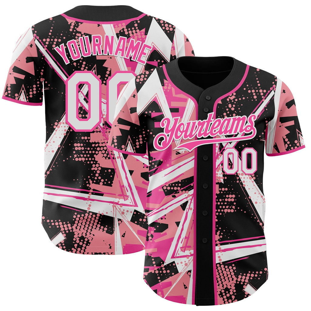 Custom Black White Medium Pink-Pink Geometric Shards Dot Grid Authentic Baseball Jersey