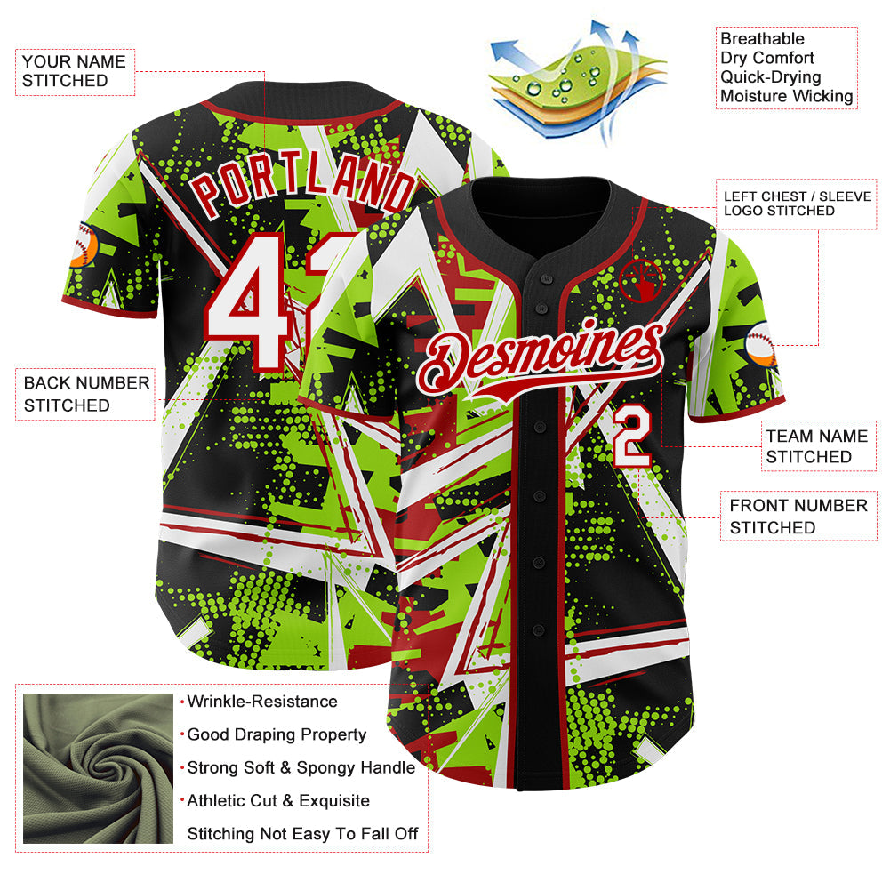 Custom Black White Neon Green-Red Geometric Shards Dot Grid Authentic Baseball Jersey