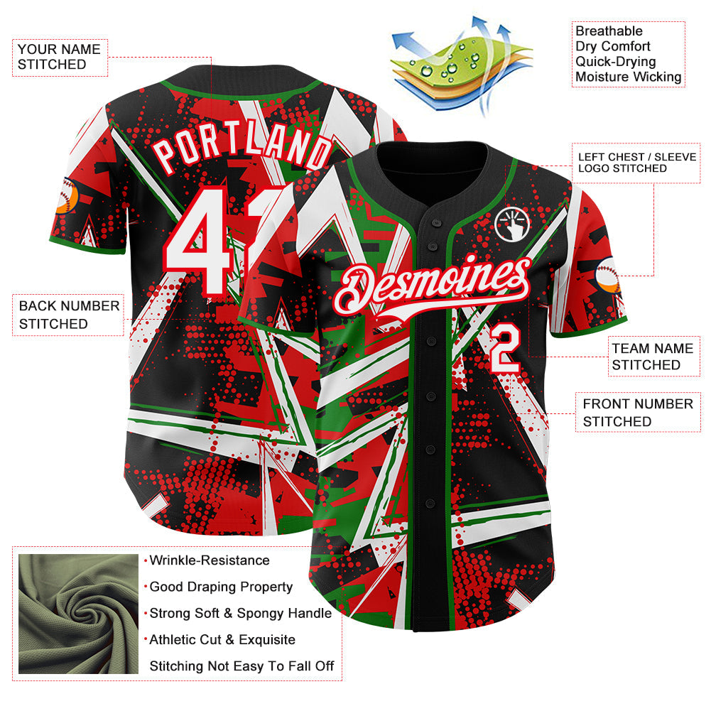 Custom Black White Grass Green-Fire Red Geometric Shards Dot Grid Authentic Baseball Jersey