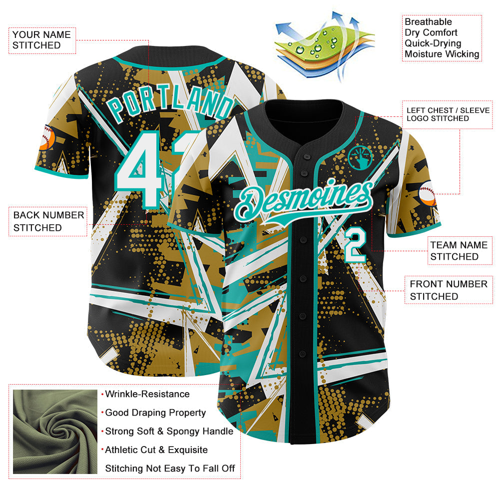 Custom Black White Old Gold-Aqua Geometric Shards Dot Grid Authentic Baseball Jersey