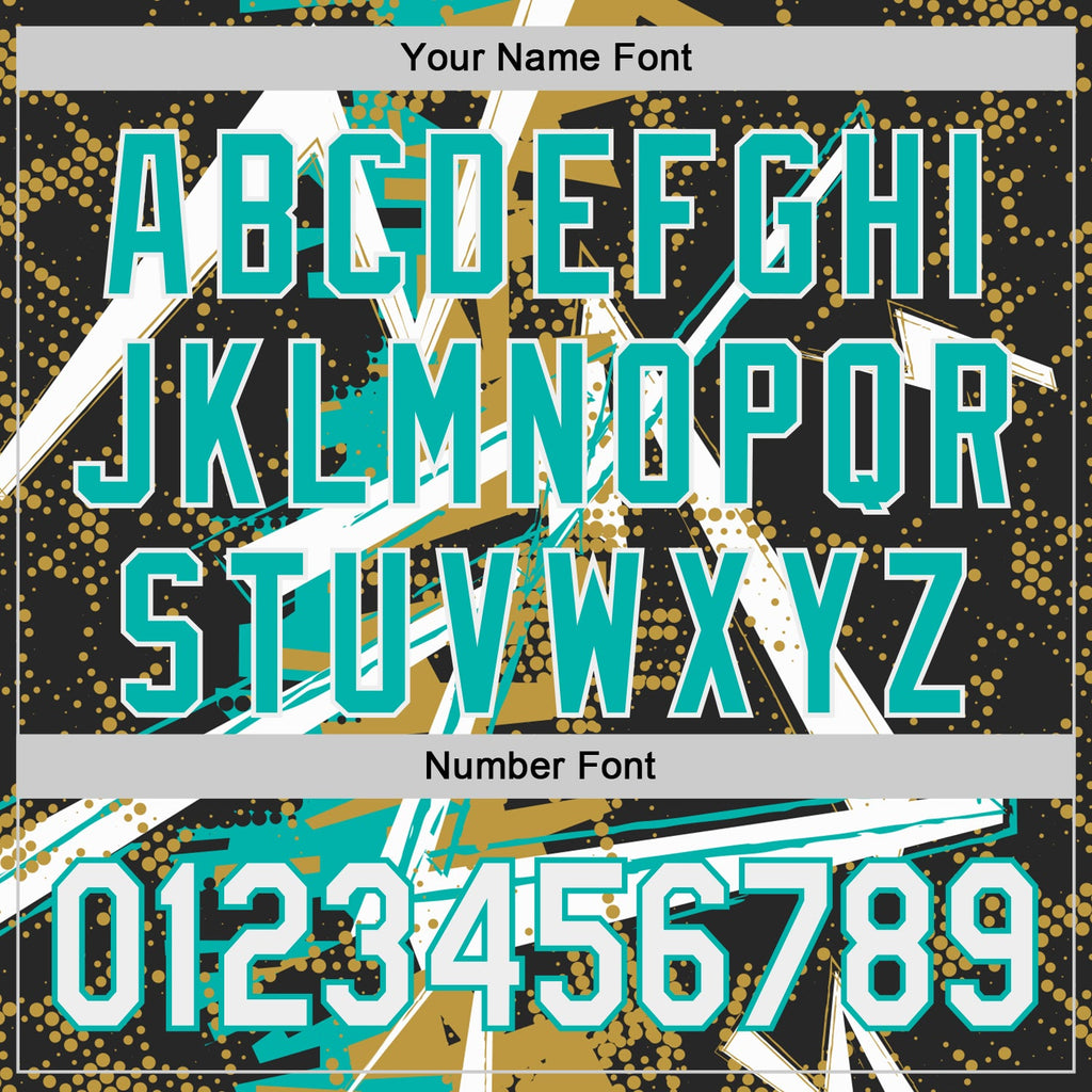 Custom Black White Old Gold-Aqua Geometric Shards Dot Grid Authentic Baseball Jersey
